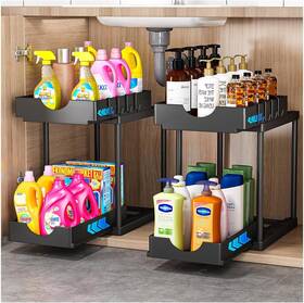 Ldscj-19 Arstpeoe 2 Pack Double Sliding Under Sink Organizers And Storage Two Tier Black