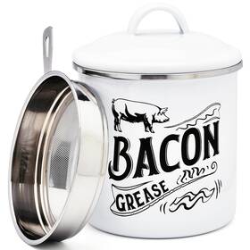 0641ty Bacon Grease Saver Container 1.3l White With Fine Mesh Strainer Stainless Steel
