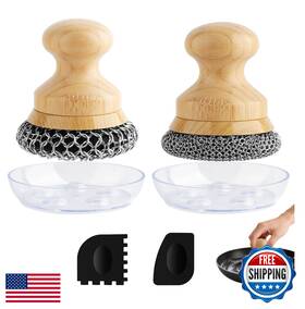 B0fnw2v2dc Beeptrum Cast Iron Scrubber And Scraper Chain Mail Cleaner With Bamboo Handle