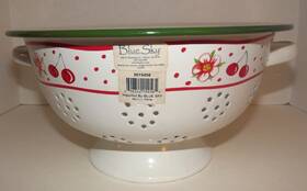 3015456 Blue Sky Cherry Flower Colander White Enamel Red Green Vintage Imperfect