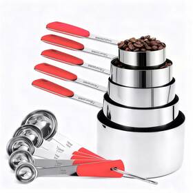 Bopei-ms-10-red Bopei Measuring Cups And Spoons Set Stainless Steel 10 5 Red