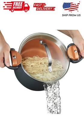 Branded 080313015656 Gotham Steel 5 Quart Stock Pot Multipurpose Pasta With Strainer Lid And Twist