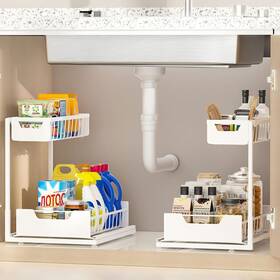 Xcl2pcwh Ceetug Under Kitchen Sink Organizers And Storage Pull Out 2 Tier Metal Pack White