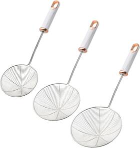 Cbxgxl4 Cokshy Stainless Steel Spider Strainer Set Of 3 Sizes With White Handle For Cooking