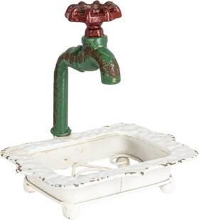 Ec1735 Creative Co-op Charming Cast Iron Soap Dish With Miniature Faucet Detail White