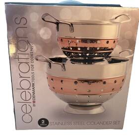 Ttu-14875 Denmark Tools/ Tabletops Unlimited 2 Pc Colander Set Stainless Steel/ Hammered Copper Band Handles