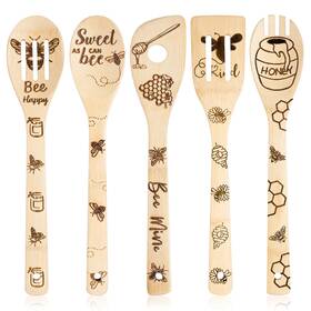 Eartim 730869672017 Bee Wooden Spoons Spatula Set - 5pcs Themed Cooking Utensil Natura