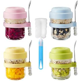 Elaphrenix 707654198984 4pcs 15 Oz Glass Cereal Cup With Lid Overnight Oats Container Spoon Ove