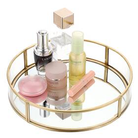 Edus0000022 Elldoo Gold Round Glass Decorative Tray 9.9inch Metal 9.9 Inch Clear