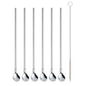 Ercrysto 681413353985 Reusable Stainless Steel Long Handle Straws Spoon 6 Pieces 8.6 Inch With 1 Clea