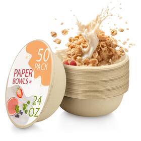 Famaston 061027870729 24oz Compostable Paper Bowls - Unbleached Biodegradable Heavy-duty Disposable