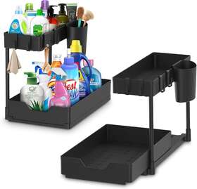 Framonics 619165778275 2 Pack Under Sink Organizer L-shaped 2-tier Sliding Basket Black