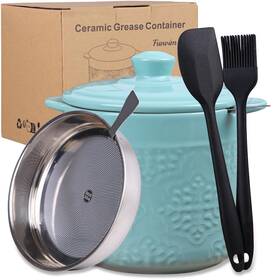 Funvim 996934222873 Farmhouse Style Bacon Grease Container 35oz Ceramic White With 304 Stainless