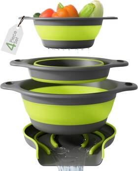 Sdc0354 Gevoli 3-pack Collapsible Colanders With Self-draining Base Over Sink-edge Green