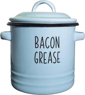Golden Hills Mercantile 313025813877 Bacon Grease Container With Mesh Strainer - Rustic Blue Enamelware Mid-century