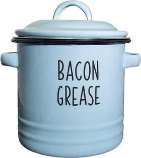 Golden Hills Mercantile 313050637615 Bacon Grease Container With Mesh Strainer - Rustic Blue Enamelware Mid-century M