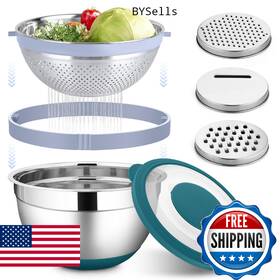 B0f1t3r54w Haware 4-in-1 Stainless Steel Mixing Bowl Set With Colander Lids And 3 Graters Blu