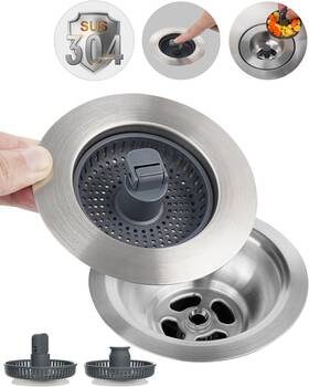 1phkd-128-ba02-001-ss Hibbent Universal 3 In 1 Metal Kitchen Sink Drain Strainer Upgraded Stainless Steel