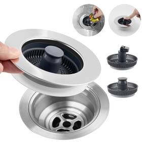 1phkd-220-ba02-001-c Hibbent Universal 3 In 1 Metal Kitchen Sink Drain Strainer Upgraded Stainless Steel