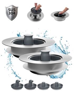 2phkd-sb0120p-ba02-001-ss Hibbent 2 Pack Upgraded 3 In 1 Kitchen Sink Drain Strainer And Stopper Combo