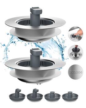 Ca2phkd-sb0128z-ba02-001 Hibbent 2 Pack 3 In 1 Kitchen Sink Drain Strainer And Stopper Combo Stainless Steel