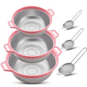 Ex-honeydak-4374 Honeydak 6 Pcs Pink Stainless Steel Colander Metal Strainer Set With