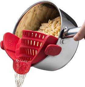 Kitchen Gizmo 856839007068 Snap N Strain Silicone Pot Strainer - Adjustable Clip-on Red Kitchen Gizmo 856839007068 Snap N Strain Silicone Pot Strainer - Adjustable Clip-on Red