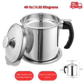 Kyraton 093674188754 48 Oz Stainless Steel Bacon Grease Container With Strainer Lid Easy Grip Handle