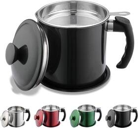 Kyraton 445040082037 Black Bacon Grease Container With Strainer 48 Oz Coating Stainles