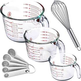 Gl912 Leraze Set Of 3 Glass Measuring Cups With Spoons And Whisk Multi Size Clear Gl912 Leraze Set Of 3 Glass Measuring Cups With Spoons And Whisk Multi Size Clear