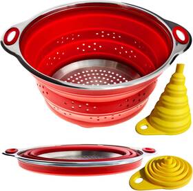 Llc 726084020061 Collapsible Colander And Funnel - Stainless Steel Meets Red Silicone. Rv Accesso