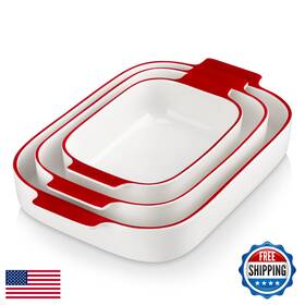 B0fjm9j8t7 Malacasa 3-piece Ceramic Baking Dishes Rectangular Oven Casserole Set White Red