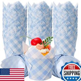 B0fl7428rl Maxdot 200 Blue Gingham Tulip Cupcake Liners Baking Muffin Cups Plaid Paper