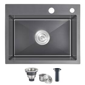 Menatt 665268105500 24 Inch Drop-in Single Bowl Kitchen Sink Black 304 Stainless Steel Handmade