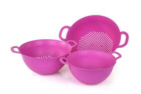Mintra Home 221236048312 Plastic Strainer Colanders Set 3 3.5 And 5 Quart Fuchsia Double Strong Handle