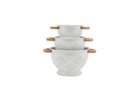 Molomax 657479054760 Metal Colander With Wood Handles - Set Of 3 Light Icing White