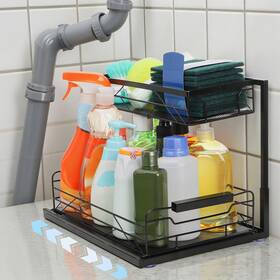 Na-undersinkorganizer-2t Nagpew Pull Out Under Sink Organizer 2 Tier Standard Black