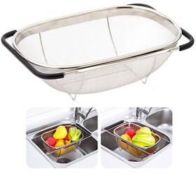 Nobranded 727196213129 Over The Sink Stainless Steel Oval Colander With Expandable Rubber Grip Handl