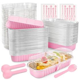 B0d9vp7dhs Nplux 120-pk Mini Loaf Pans With Lids And Spoons - Pink Rectangular Aluminum Foil Ba
