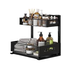 Oneupin 752841343685 Under Sink Organizer Multi-purpose 2 Tier Pull Out Large Black