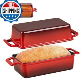 B0ff9ygfh5 P&p Chef 2-in-1 9 X 5 Inch Cast Iron Loaf Pan With Lid Red Bread Pans Fo
