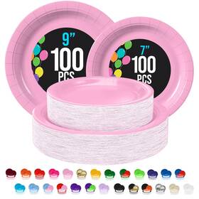 100-9 Party Solids 97418/97518 Exquisite Pink Paper Plates Disposable Heavy Duty 200 Pcs - 100-7 Inch And P