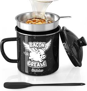Pgyard 313040295290 Mini Bacon Grease Container With Strainer - 15oz Farmhouse Enamel Saver