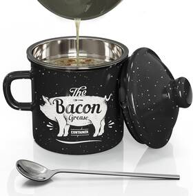 Pgyard 313112233205 Mini Bacon Grease Container With Strainer - 15oz Enamel Saver Far