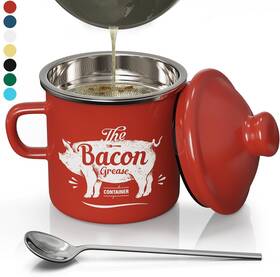 Pgyard 445013052074 Mini Bacon Grease Container With Strainer - 15oz Enamel Saver Far