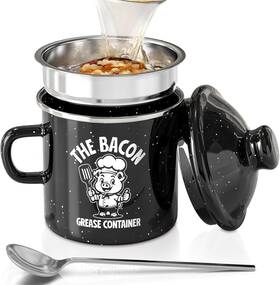 Pgyard 445045661688 Mini Bacon Grease Saver With Strainer - 15oz Enamel Container Far