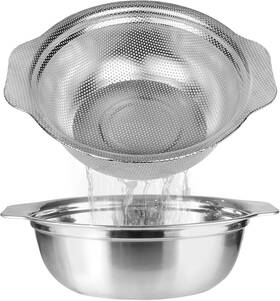 Popgrade 445005925935 Stainless Steel Colander For Kitchen 3 Quart Rice Washer Strainer With Mixing Bowl