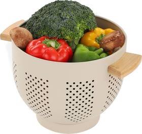 Quantumcraft Premium Grade 720721901188 Metal Colander With Wood Handle 5.5 Quart Powder Coated Steel Large Kitchen