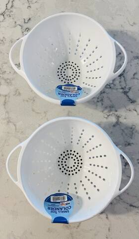B308 Rada Cutlery 2 - Small Colander 1 Quart White Plastic Strainer Bowl Dishwasher Usa