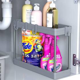 Cb-14b-g Simple Houseware 2-tier Under Sink Organizer Storage Tray With Hooks Gray Cb-14b-g Simple Houseware 2-tier Under Sink Organizer Storage Tray With Hooks Gray